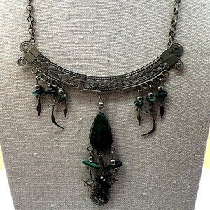 Vintage Tribal Necklace With Green Stone & Intricate Metalwork.  C18